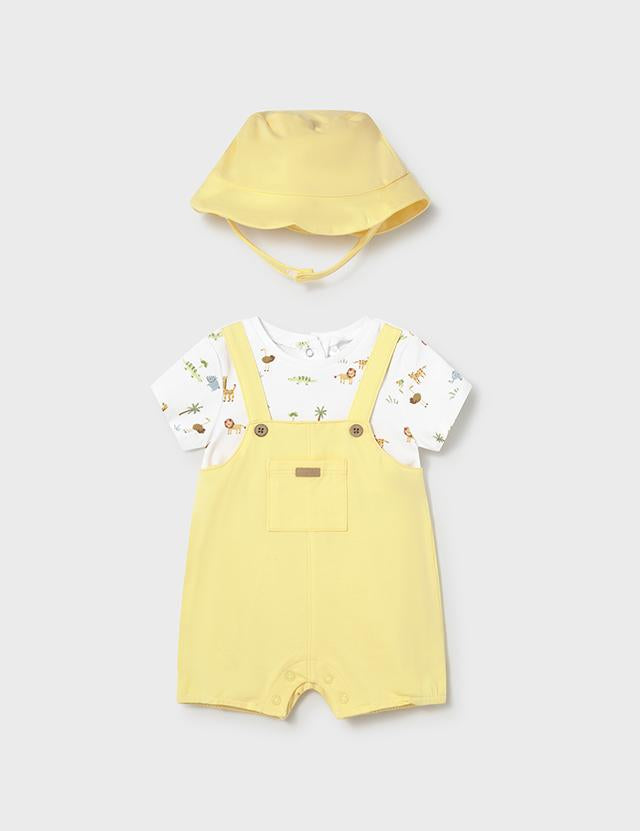 Pagliaccetto finta salopette con cappello neonato 