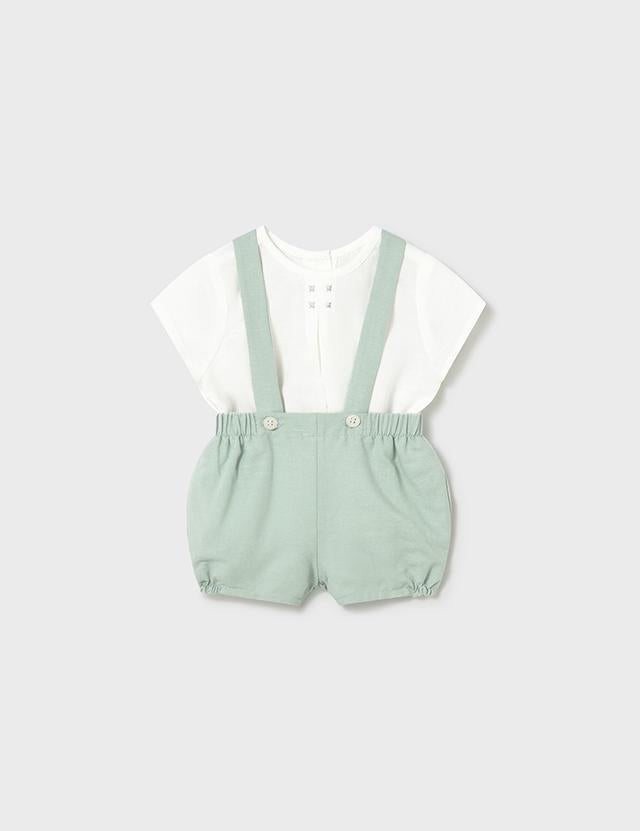 Completo pantaloncino con bretelle e camicia neonato 
