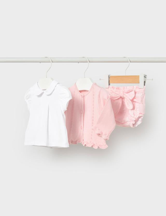 Completo 3 pezzi tricot neonata rosa 