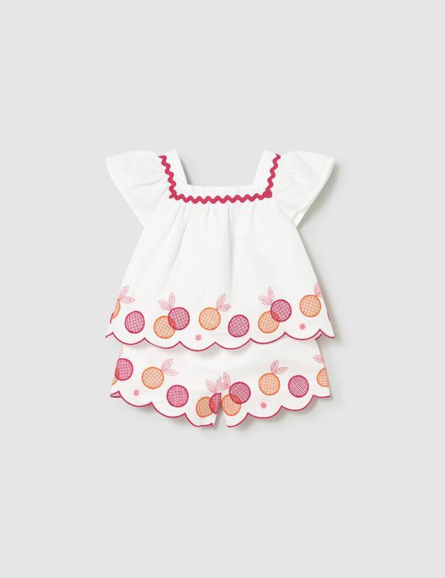 Completo con bermuda e blusa ricamata neonata 