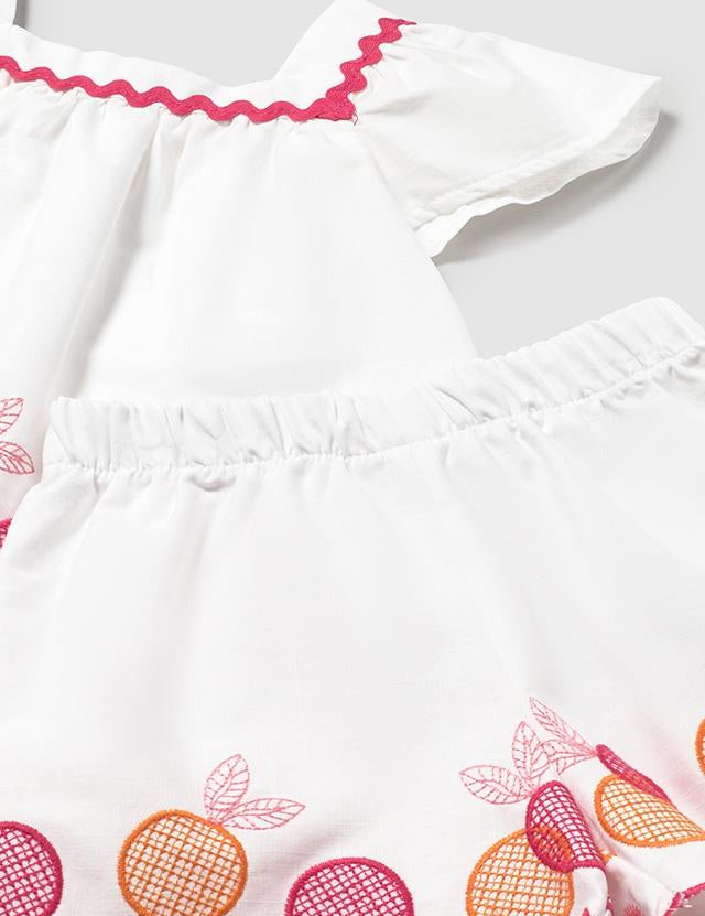 Completo con bermuda e blusa ricamata neonata 
