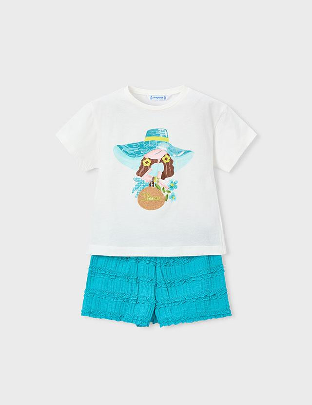 Completo shorts volant e maglietta stampata bambina 