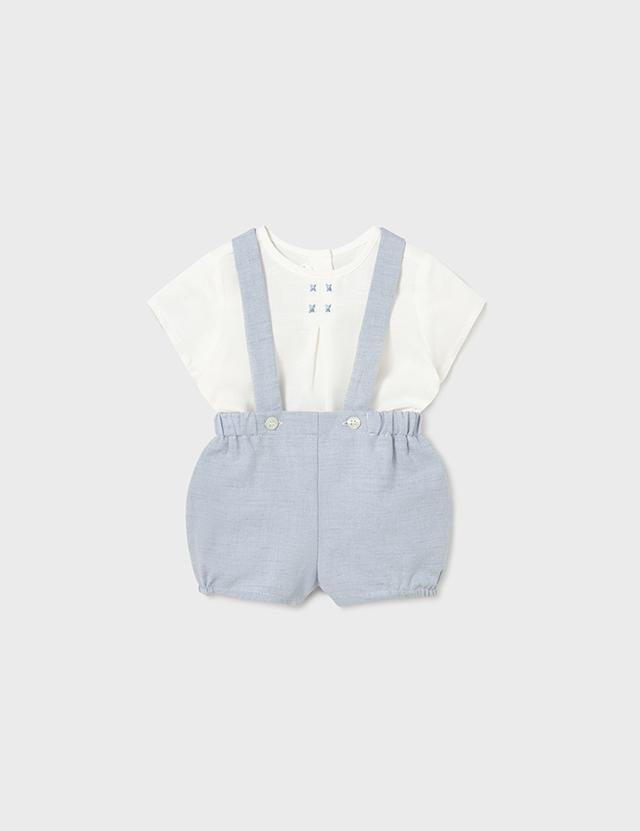Completo pantaloncino con bretelle e camicia neonato 